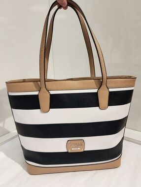 GUESS Black And White Striped Tote